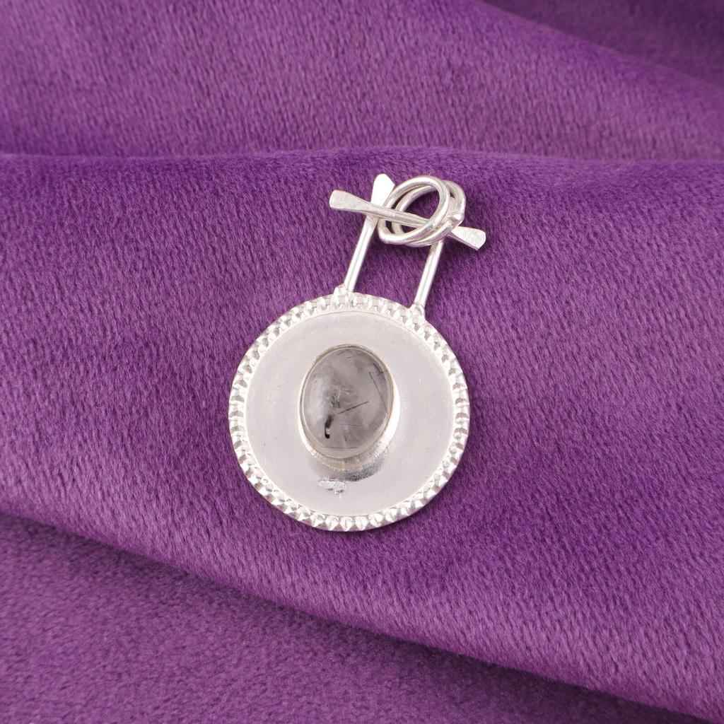 Oval Natural Black Rutile Sisters Day Birthday Gift Pendant 925 Sterling Silver PP-57-33