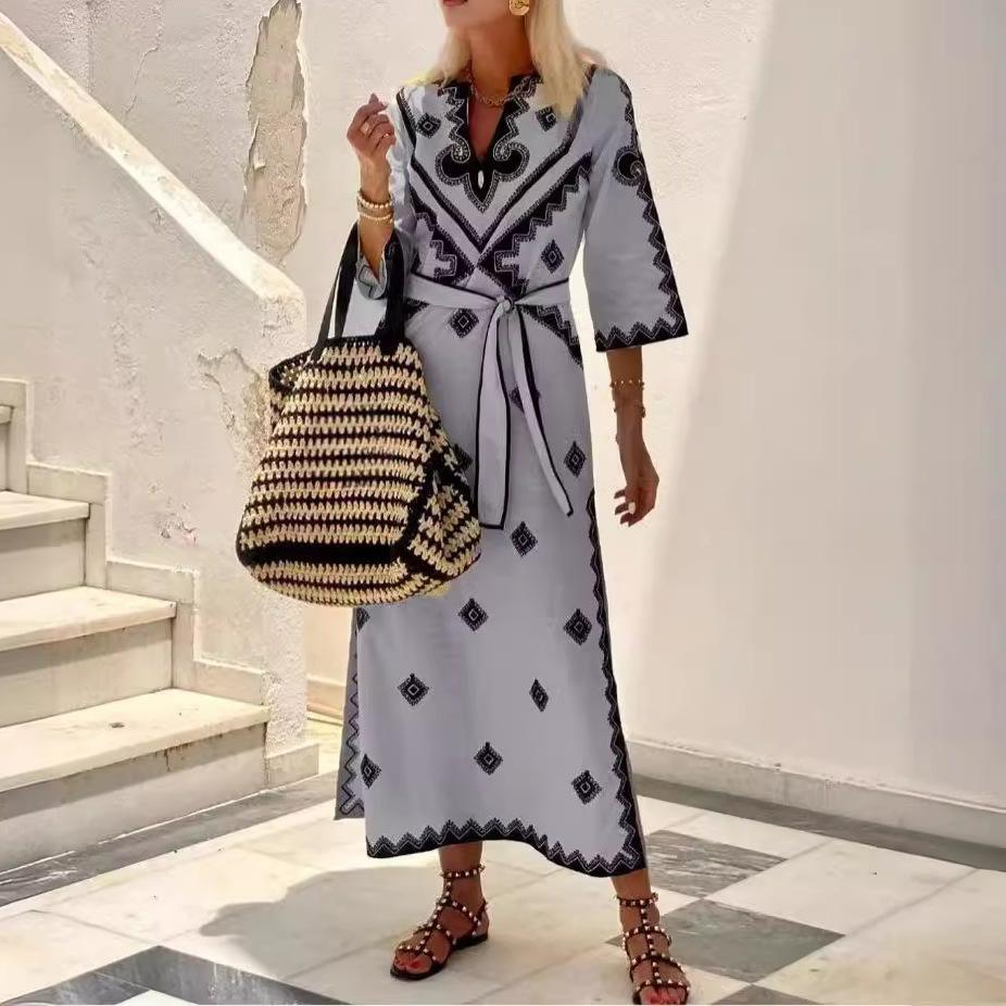 IHUASU Autumn Winter Printed Belt Hemp Bohemian Dress for Women