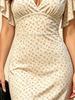 Summer Women's Beige Ditsy Floral Print V Neck Flutter Sleeve A-Line Maxi Dress Casual Dress