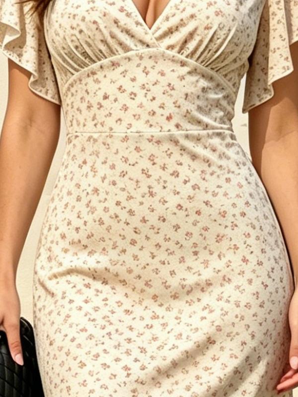 Summer Women's Beige Ditsy Floral Print V Neck Flutter Sleeve A-Line Maxi Dress Casual Dress