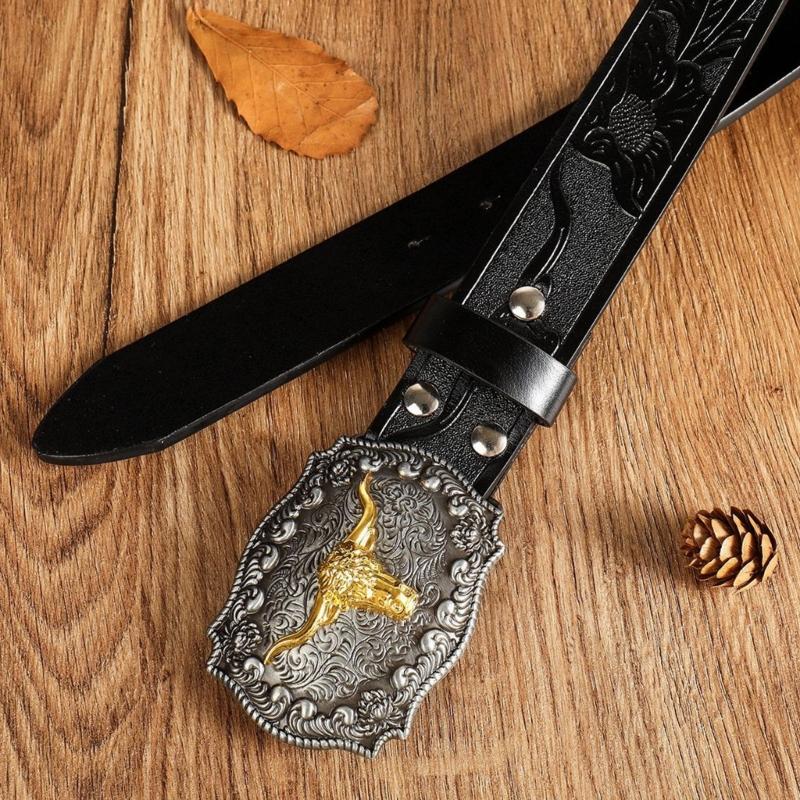 Women Western Belt Engraved Bull Metal Buckle Pants Belt Unisex Cowgirl Belt