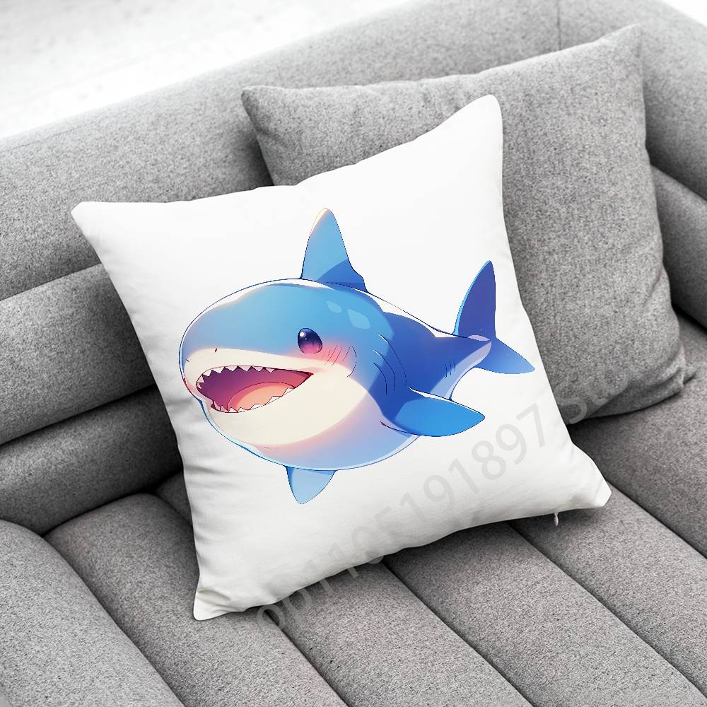 Funny Cartoon Blue Shark Throw Pillow Case For 50cm 40cm 55cm 45*45cm 30cm Square Bedroom Pillowcase Cover
