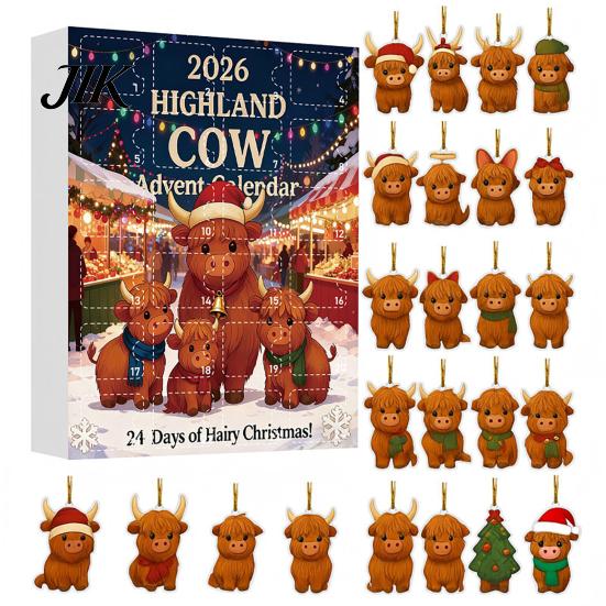Christmas Tree Decorations Highland Cow Advent Calendar with 24 Acrylic Ornaments, Festive Countdown Party Supplies Box for Holiday Hanging Decor And