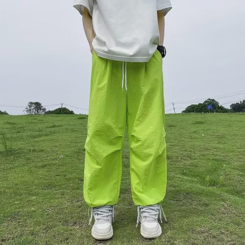 Unisex Fluorescenční Zelené Retro Kombinézy – Letní Ležérní Kalhoty s Širokými Nohavicemi