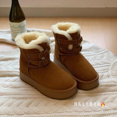 Новые кожаные шерстяные металлические с пряжкой на толстой подошве маффины снежные хлопковые ботинки утолщенные теплые короткие ботинки маленькая женская обувь