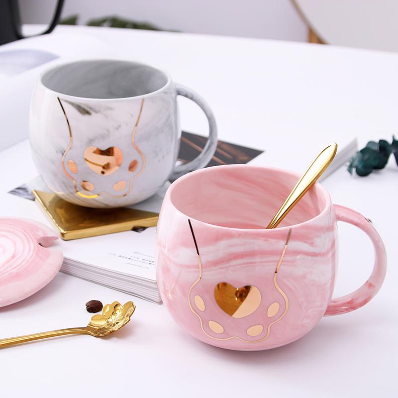 Creative Cute Cat Claw with Cover Spoon 380ml Ceramic Pink Coffee Mug Set Kids Couple Cups Gift Box