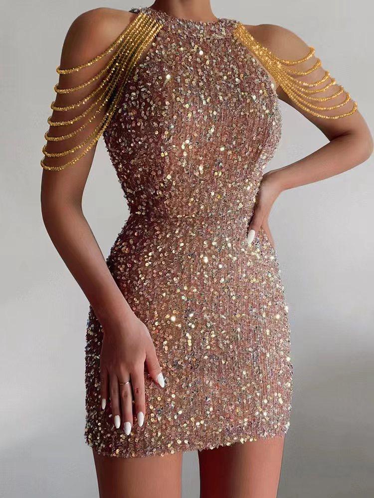 Spring and Summer Women's Dress Fashion Hanging Neck Sexy Crystal Tassel Hip Sequins Dress Midi Evening Gowns