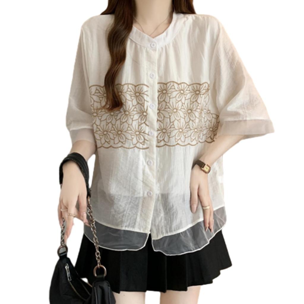 JoccKorr Short Sleeve Lace Round Floral Plus Loose Perfect for Office Women's Blouse, Top, Panel, Collar, Print, Embroidery, Fashionable, Elegant,