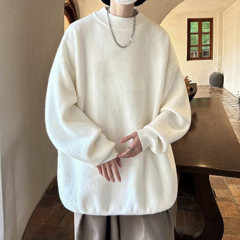 Men's Trendy Loose Round Neck Sweater - Spring/Autumn Solid Color Knitwear, Hong Kong Style Casual Outerwear