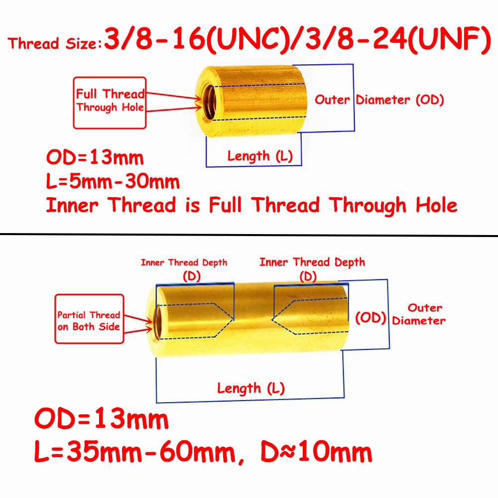 Brass Long Extension Coupling Nuts 3/8-16 UNC 3/8-24 UNF Thread Round Connecting Joint Sleeve Fastener Nuts