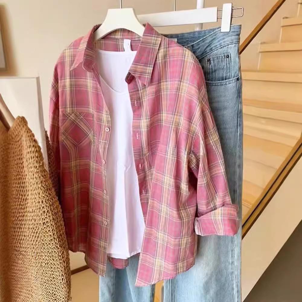 Women's Retro Pink Plaid Polo Shirt - Over 95% Cotton - Korean Style for Early Autumn