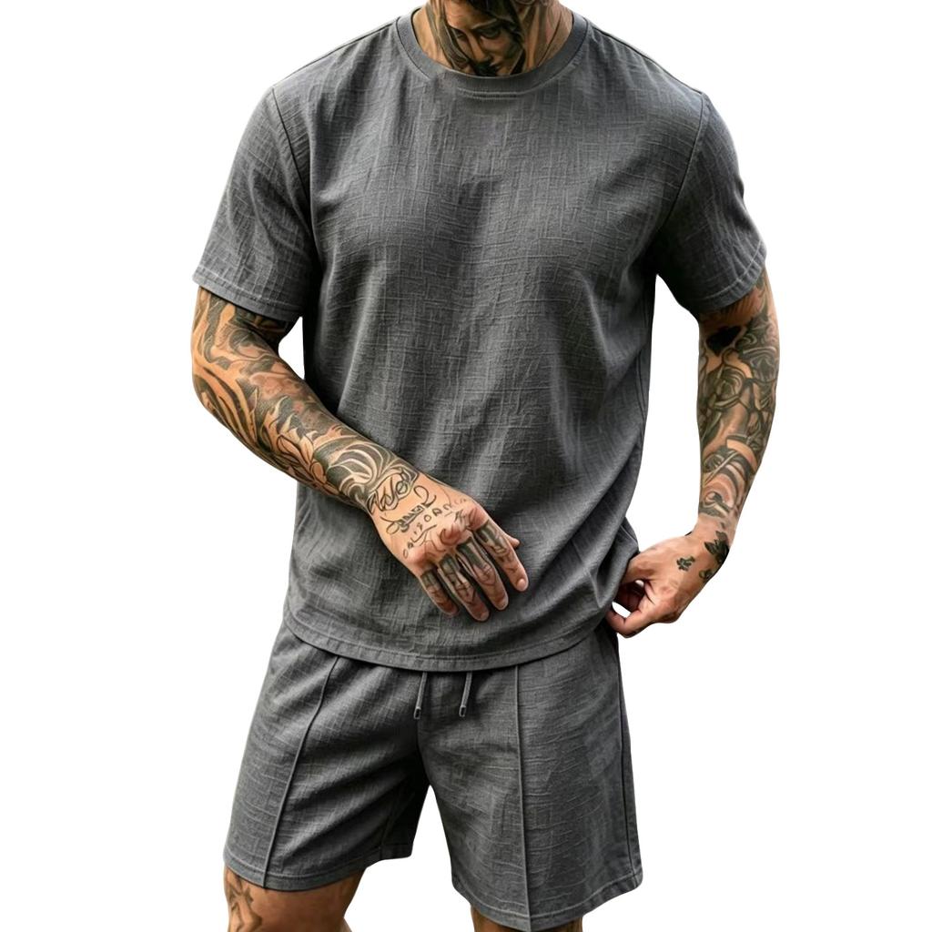 Herren Leinen Kurzarm Rundhals Oberteil und Shorts Set Leicht Atmungsaktiv Lässiges Sommer Outfit Geeignet für Draußen und Drinnen
