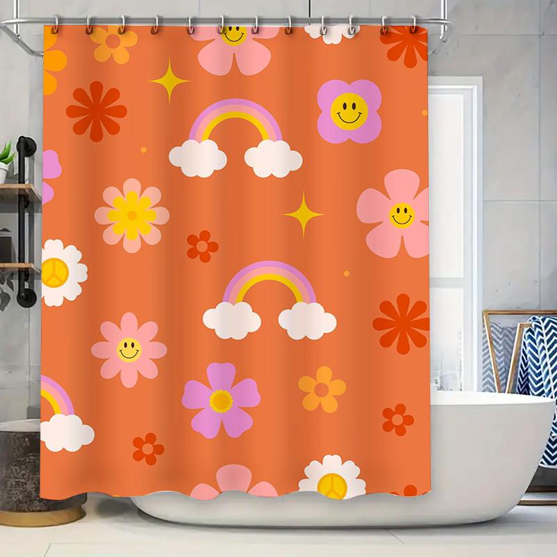 

Happy Floral Shower Curtain Orange Rainbow Clouds Sunflowers Decorative Bathroom Window Privacy Screen Polyester Fabric for Home 90x180cm