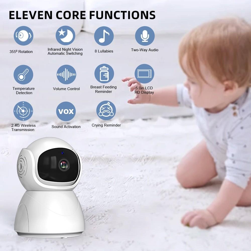 5 Inch HD Baby Monitor With Camera Two-Way Audio Electronic Babysitter Night Vision Nanny Video IPS Screen Baby Monitor