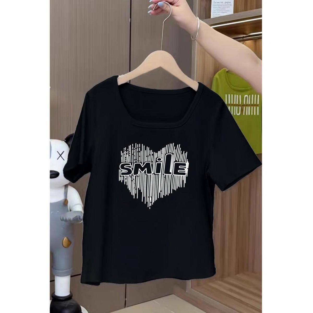 

Large size 2025 summer new loose belly covering square neck short sleeve T-shirt women s fat mm front shoulder thin foreign style top M [80-60kg]