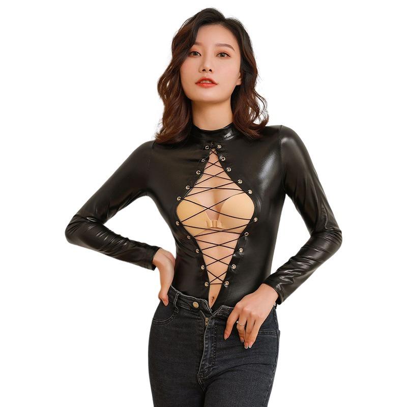 Patent Leather Uniform Seduction Breast One-piece Sex Underwear Sexy Open Crotch Tight Nightclub Performance Suit Pure Desire