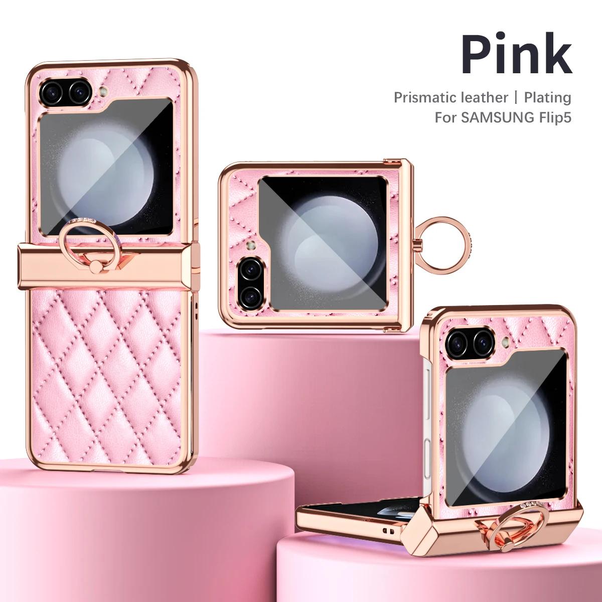 

Electroplated Ring Leather Phone Case for Samsung Galaxy Z Flip 7 6 5 4 3 Flip6 Flip5 Flip4 Flip3 5G Shockproof Holder Cover Galaxy Z Flip7 рожевий