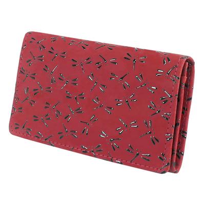 Indenya Inden Business Card Case, Large Capacity, Deerskin Leather, Red with Black Lacquer, Dragonfly Pattern, 2501-03-008