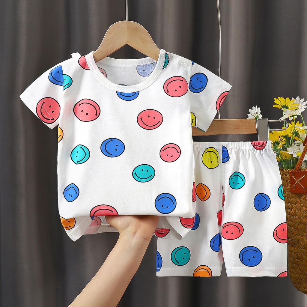 Kids Cotton Short Sleeve 2Pcs Set, Summer Shoulder Snap T-shirt & Shorts for Toddler Boys Girls