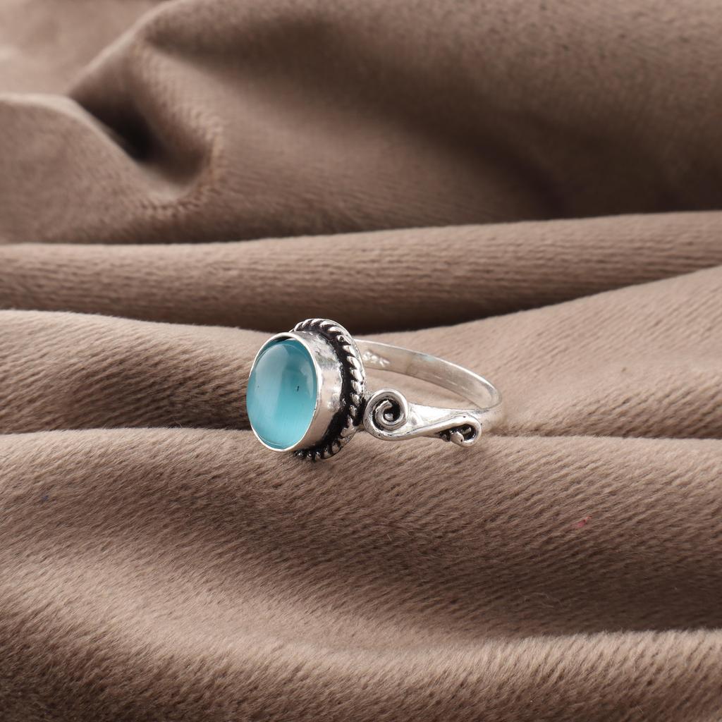 Blue Cat's Eye Gemstone Ring, 925 Sterling Silver Ring Jewelry, Handmade Jewelry Ring, Balancing Jewelry Gift For Women