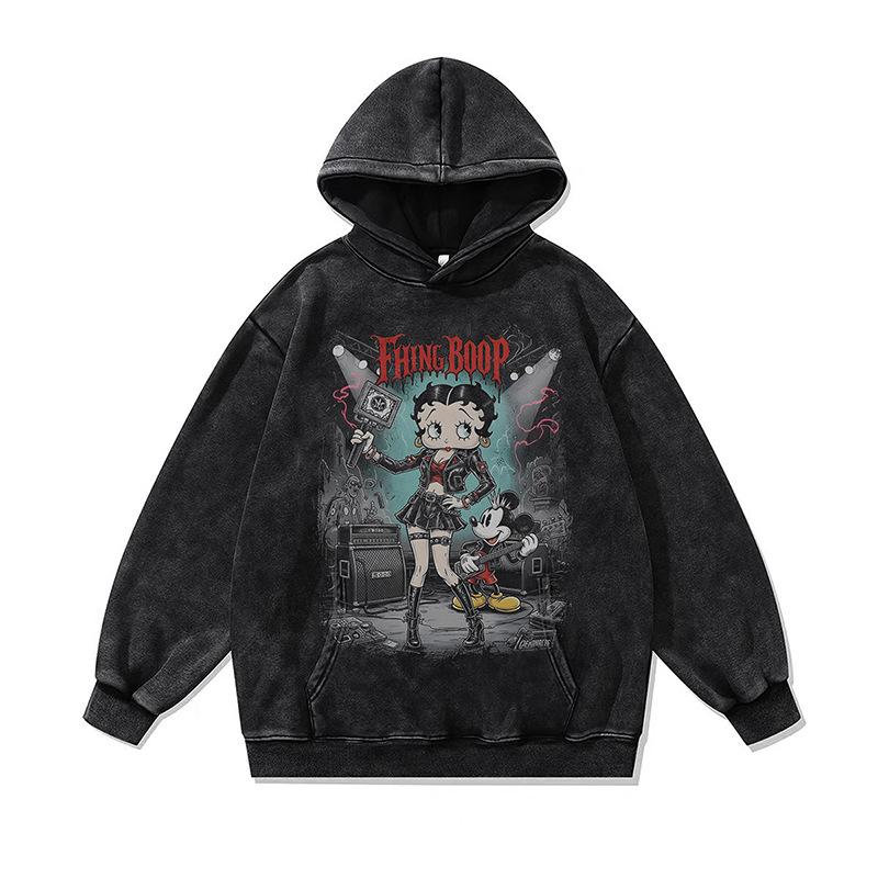 American Retro Cartoon Direct Injection Printing Hoodie Men And Women Autumn And Winter Oversize Washed Hooded Sweater