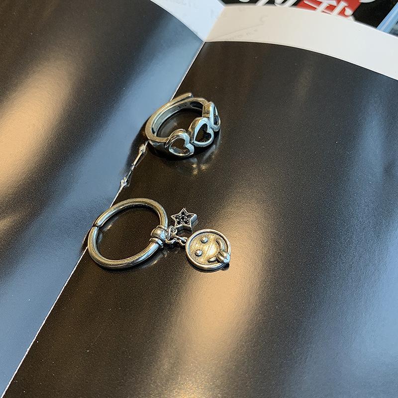 925 Pure Fashionable Silver Hip Hop Style Smiling Face Star And Heart Ring For Stylish Occasions