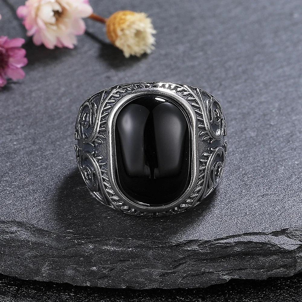 Natural 10*15mm Big Black Agate Stone Vintage Ring For Women Men Lover's Luxury  Party Marcasite Jewelry Party Gifts