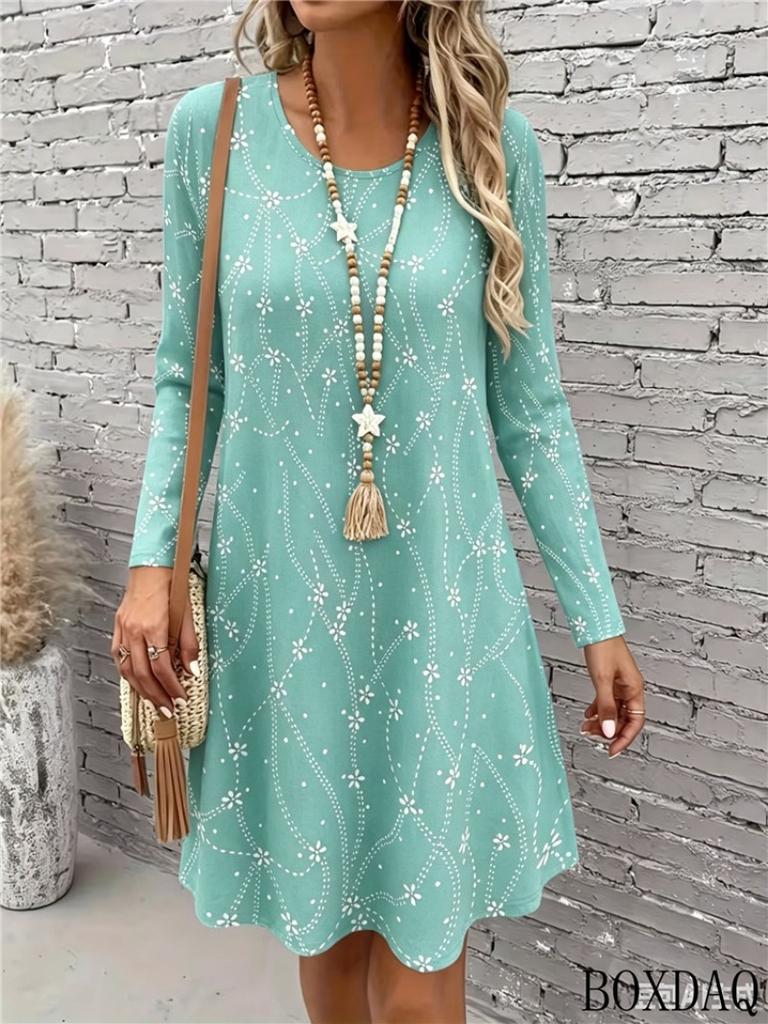 Spring And Autumn Women's Dresses Casual Round Neck Long Sleeve Wolf And Tiger Pattern Printed Loose Dress