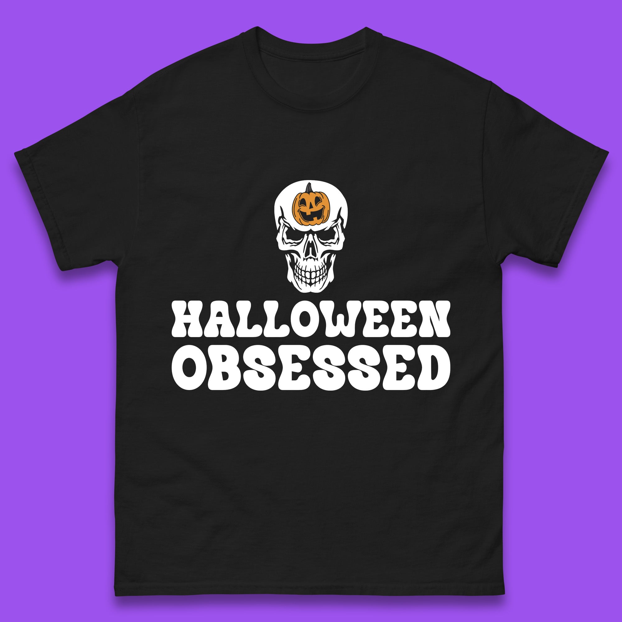 Skull Pumpkin Halloween Obsessed Funny Pumpkin Obsessed Party Spooky Season Mens Tee Top M