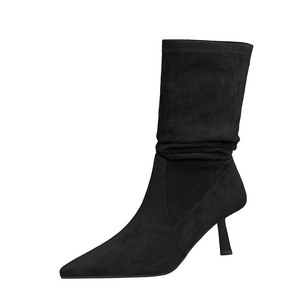 Woman High Heel Boots Suede Autumn Versatile Medium Tube Short Boots Woman Elastic Suede Pointed Pleated Boots