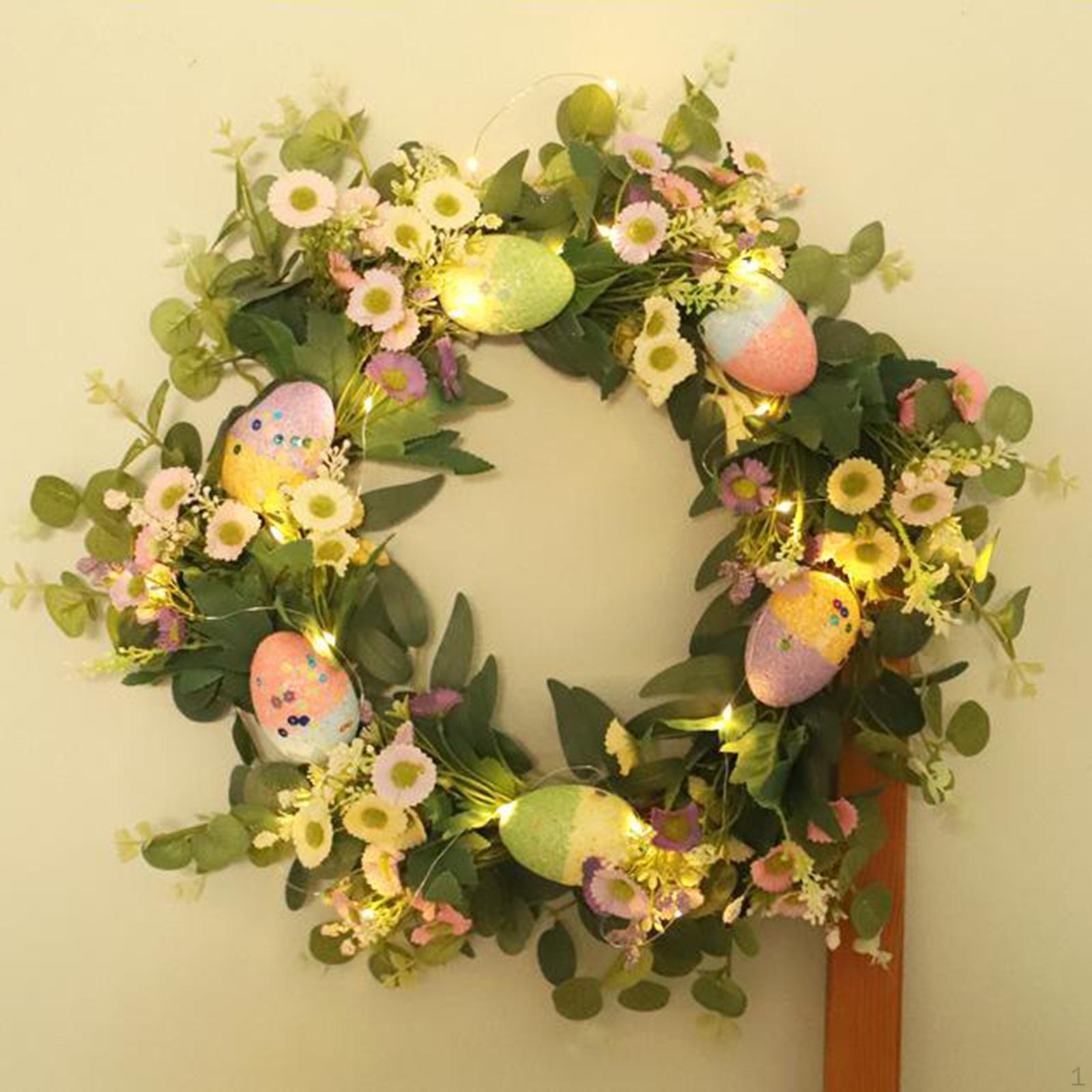

18 inch/45cm Easter Wreath with Colorful Eggs, Leaves, Daisy Artificial Handmade Garland for Home,