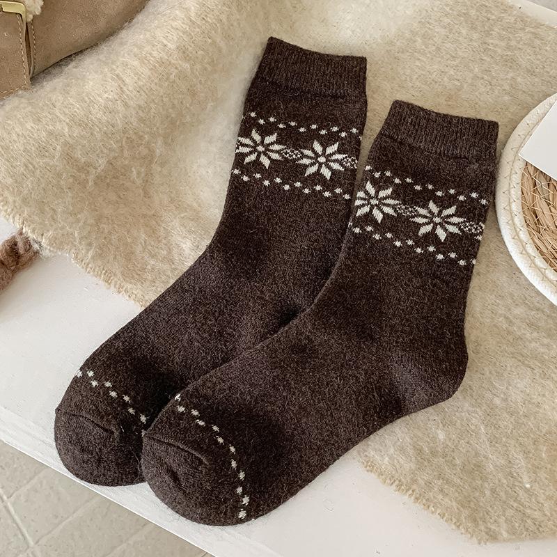 Wool Socks Children'S Season Mid-Tube Socks Trendy Retro Snowflake Fleece Thickened Warm Cashmere Stacking Socks Women