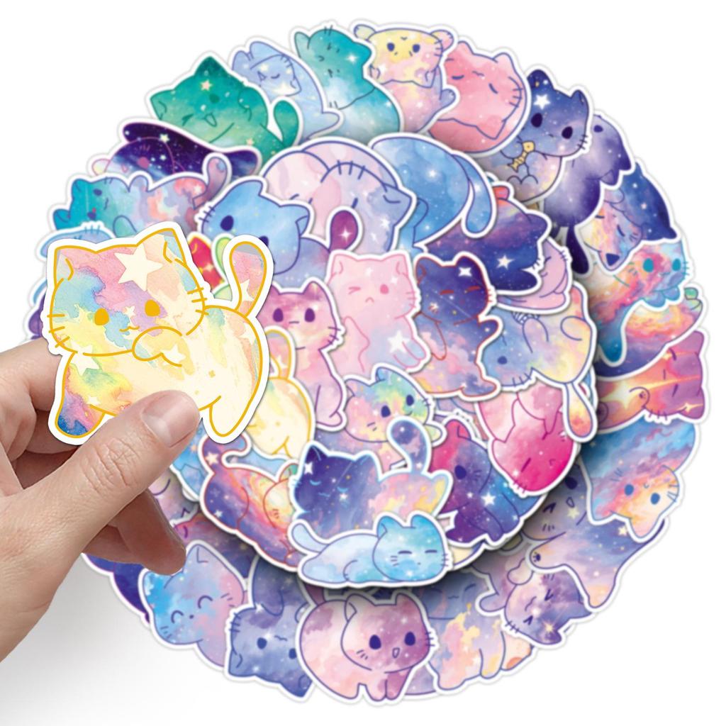 50 Cute Starry Sky Cat Stickers: Hand-Drawn Cartoon Decorations for Cups & Phone Cases
