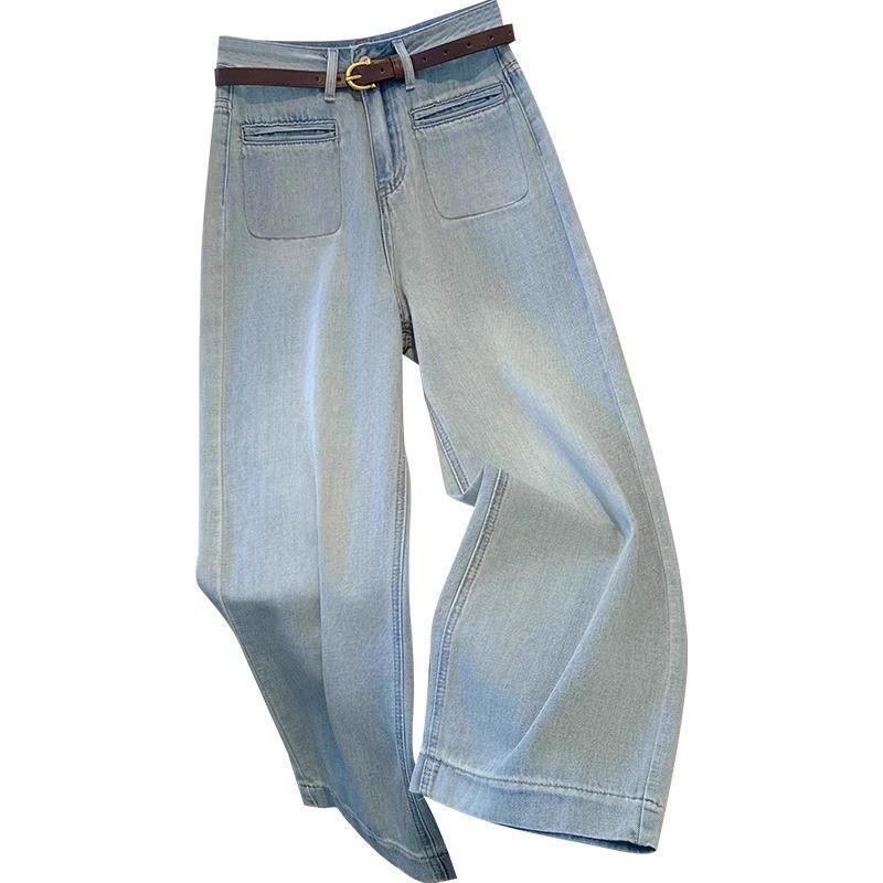 Spring 2026 Women's Light Blue High-Waist Straight-Leg Jeans - Petite, Loose, Trendy Design