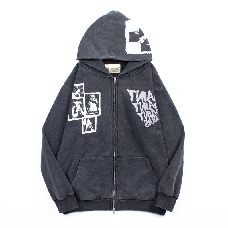 **Retro Patchwork Letter Print Zipper Hoodie** M промывают черный