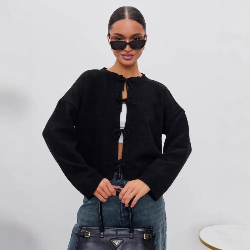 Autumn and Winter Women's Casual Loose Cardigan Lace-up Solid Color Knitted Sweater