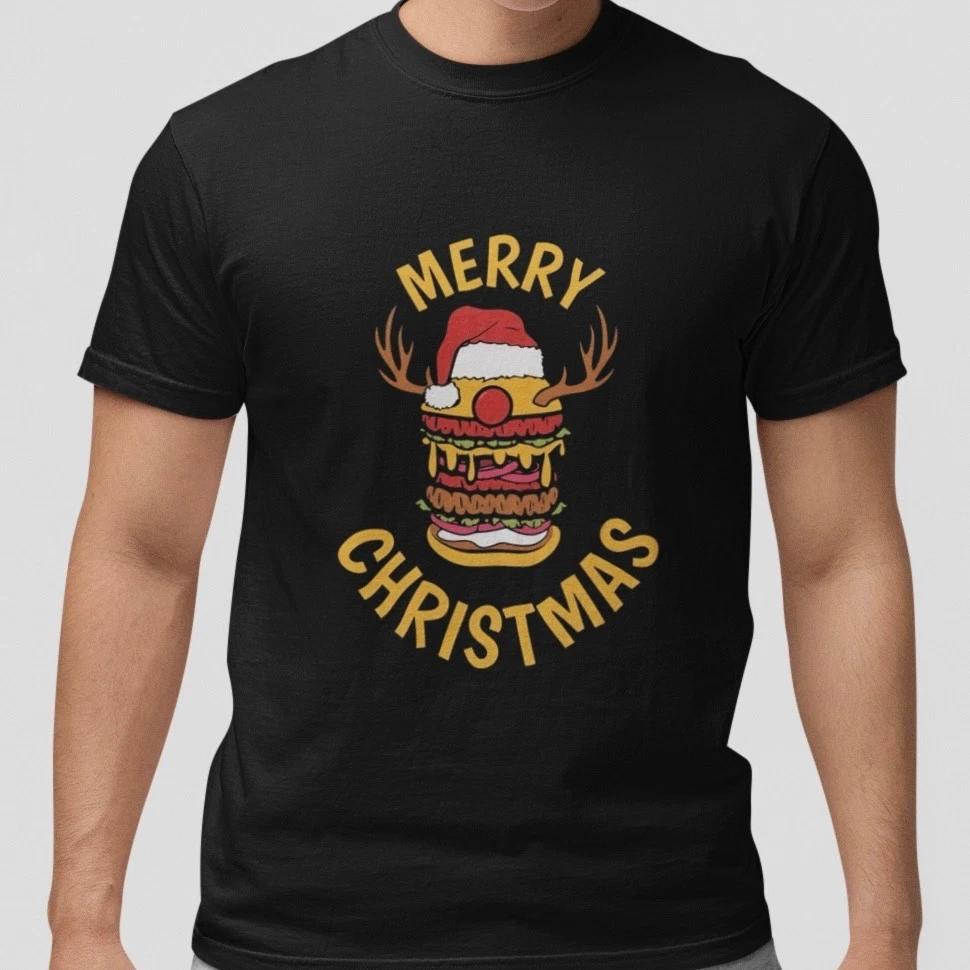 

Funny Merry Christmas Burger T-Shirt Holiday Santa Reindeer Food Graphic Unisex XL