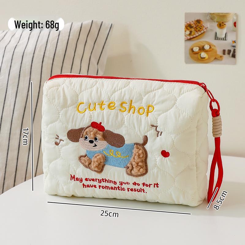 Women's Portable Skincare & Makeup Bag: Cute Puppy Design, Large Capacity, Handheld Travel Toiletry Brush Organizer.