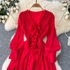 French Retro V-neck Three-dimensional Flowers Lantern Sleeve Dress Women's Waisted Temperament Swing Knee-length Elegant Long Dress