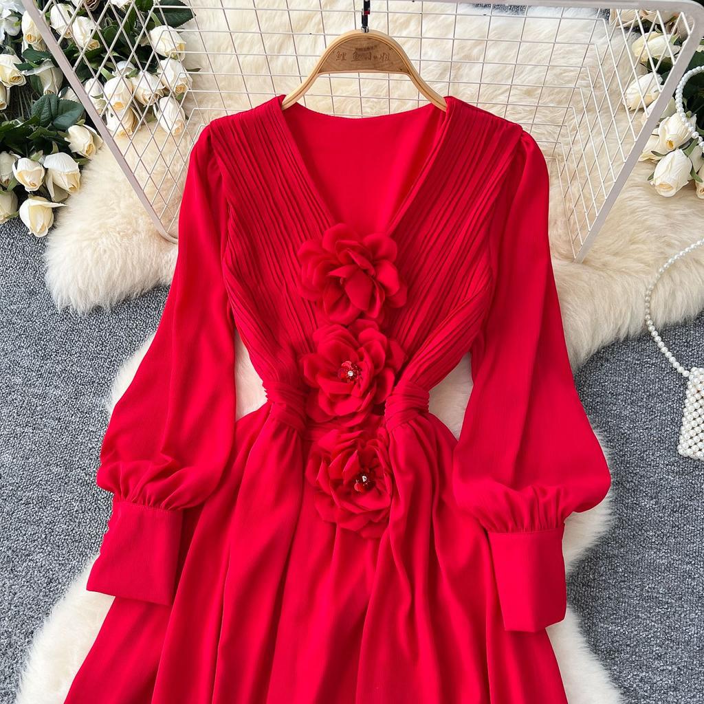 French Retro V-neck Three-dimensional Flowers Lantern Sleeve Dress Women's Waisted Temperament Swing Knee-length Elegant Long Dress