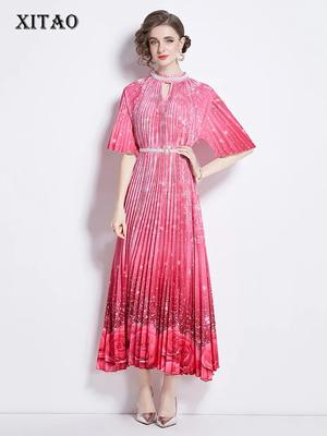 Pleated Dress Gradient Color Peony Flower Print  LYD1879