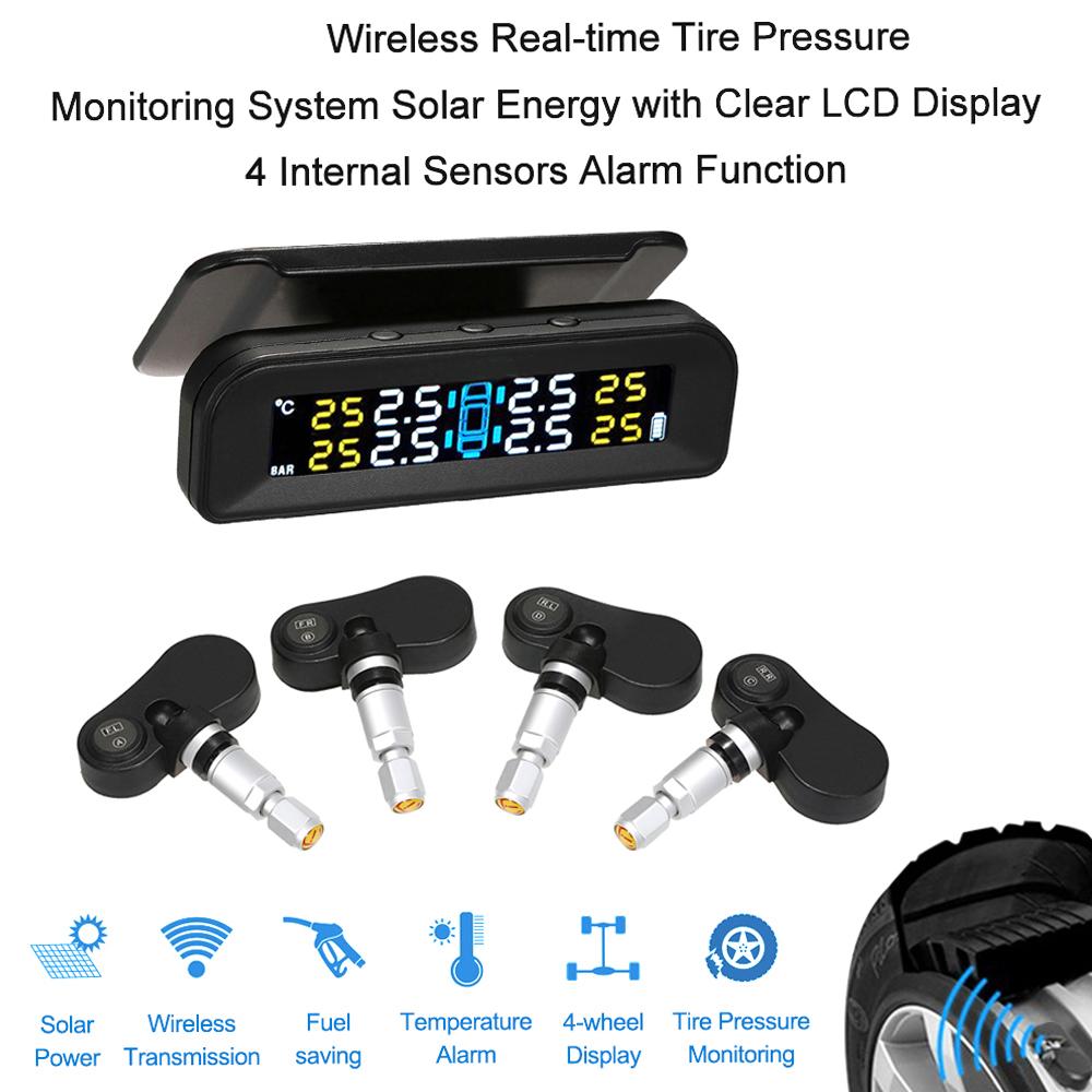 Tpms Solar-Powered Tire Pressure Monitoring System With Wireless Real-Time Clear Lcd Display Car Alarm System