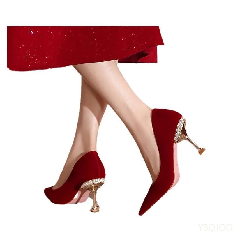 Red Women's High Heels Bride Shoes Sharp Pointed Elegant Pumps Versatile Comfortable Ladies Wedding Shoes Zapatos Mujer