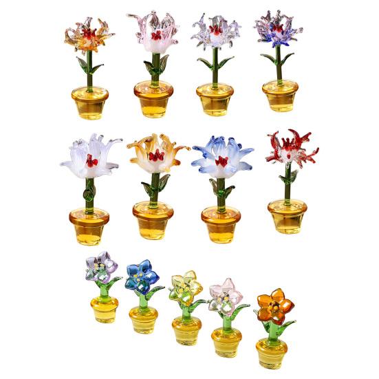 Handcraft Glass Flowers Figurines Hand Blown Mini Potted Flower Ornament Collectible Floral Gifts for Mother's Day Birthday Christmas