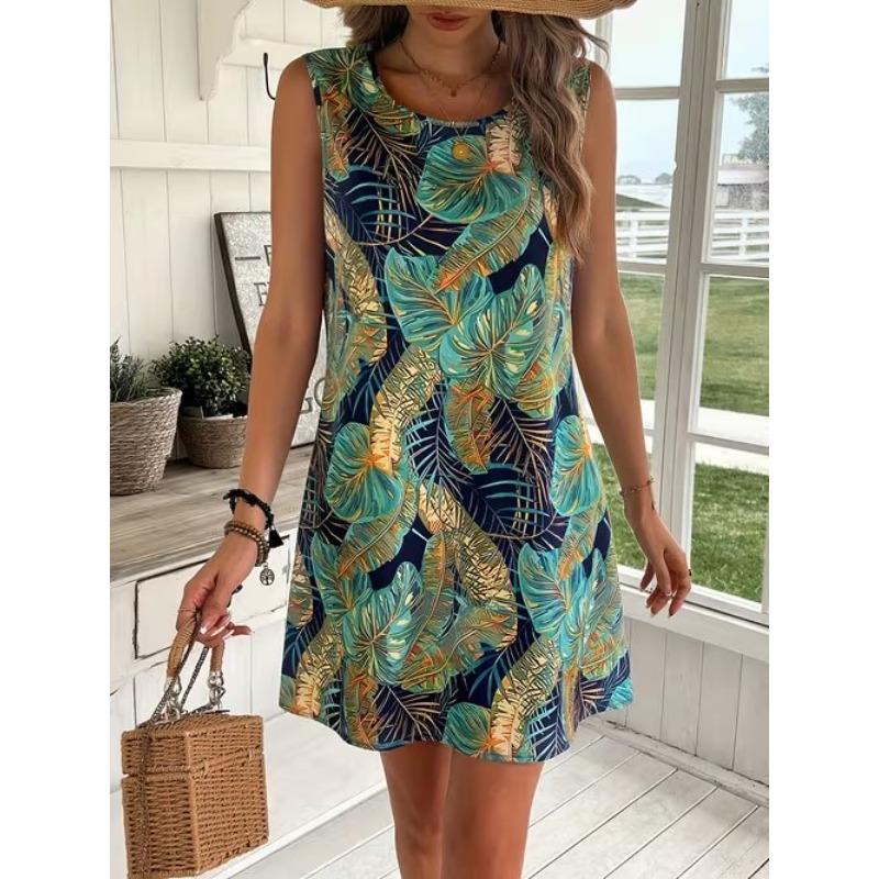 Dames Vlinder Bedrukte Mouwloze Jurk met Ronde Hals Losse Zachte en Comfortabele Plus Size Jurk