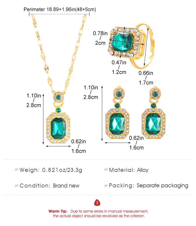 4PCS Sets Exquisite Quadrate Rhinestone Necklace Earrings Ring Zircon Set Charm Ladies Zircon Fashion Bridal Gifts for Women
