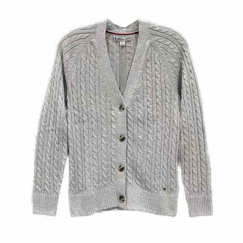 Tommy Hilfiger Solid Color Blended Cardigan V-Neck Long Sleeve Sweater Women sweater Light-Gray 76J5333-030