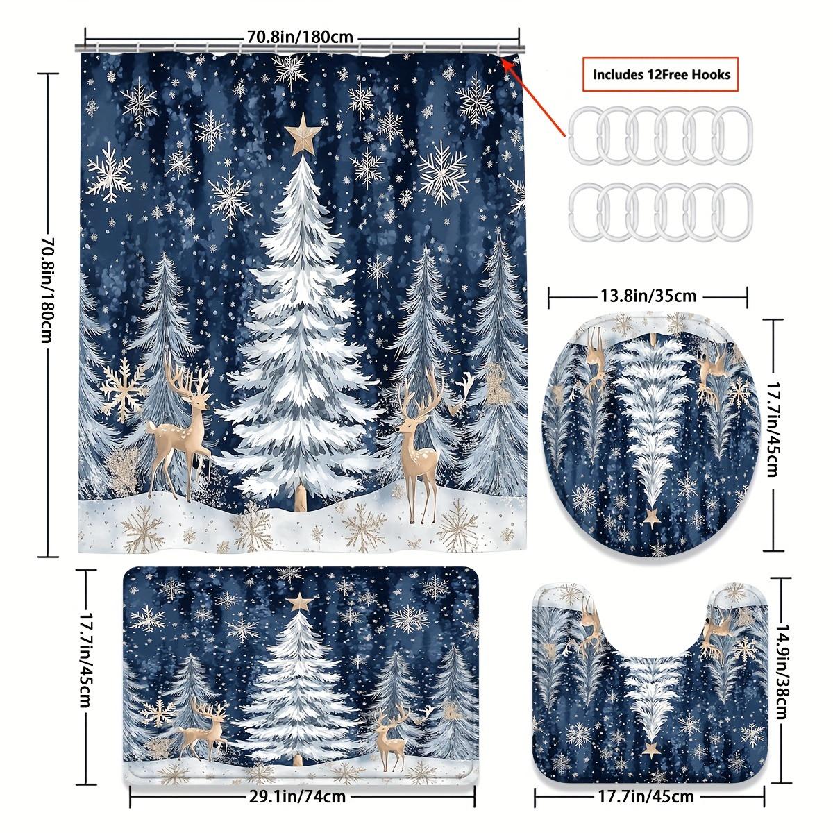 

Набор из 4 предметов: занавеска для душа для ванной комнаты с принтом лося и рождественской елки, занавеска для ванной комнаты с 12 крючками, нескользящие коврики, коврик для крышки унитаза, перегородка для ванной комнаты 4pcs-Full Set
