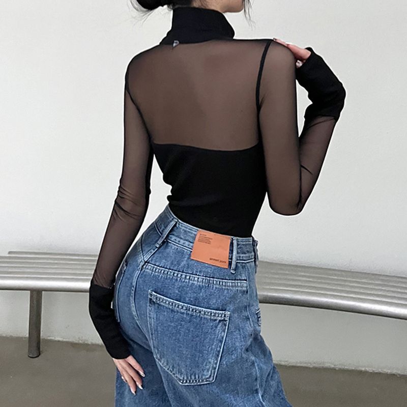 Bodysuit Women's Long-sleeve T-shirt with Spliced Netting and A One-piece Undershirt Top.