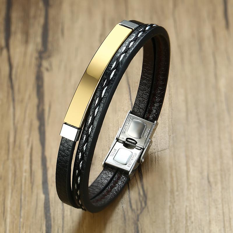 Vnox Personalize Engrave Name Men Multi-Layer Black Leather Wrap Bracelets Custom BFF Family Love Gifts Jewelry